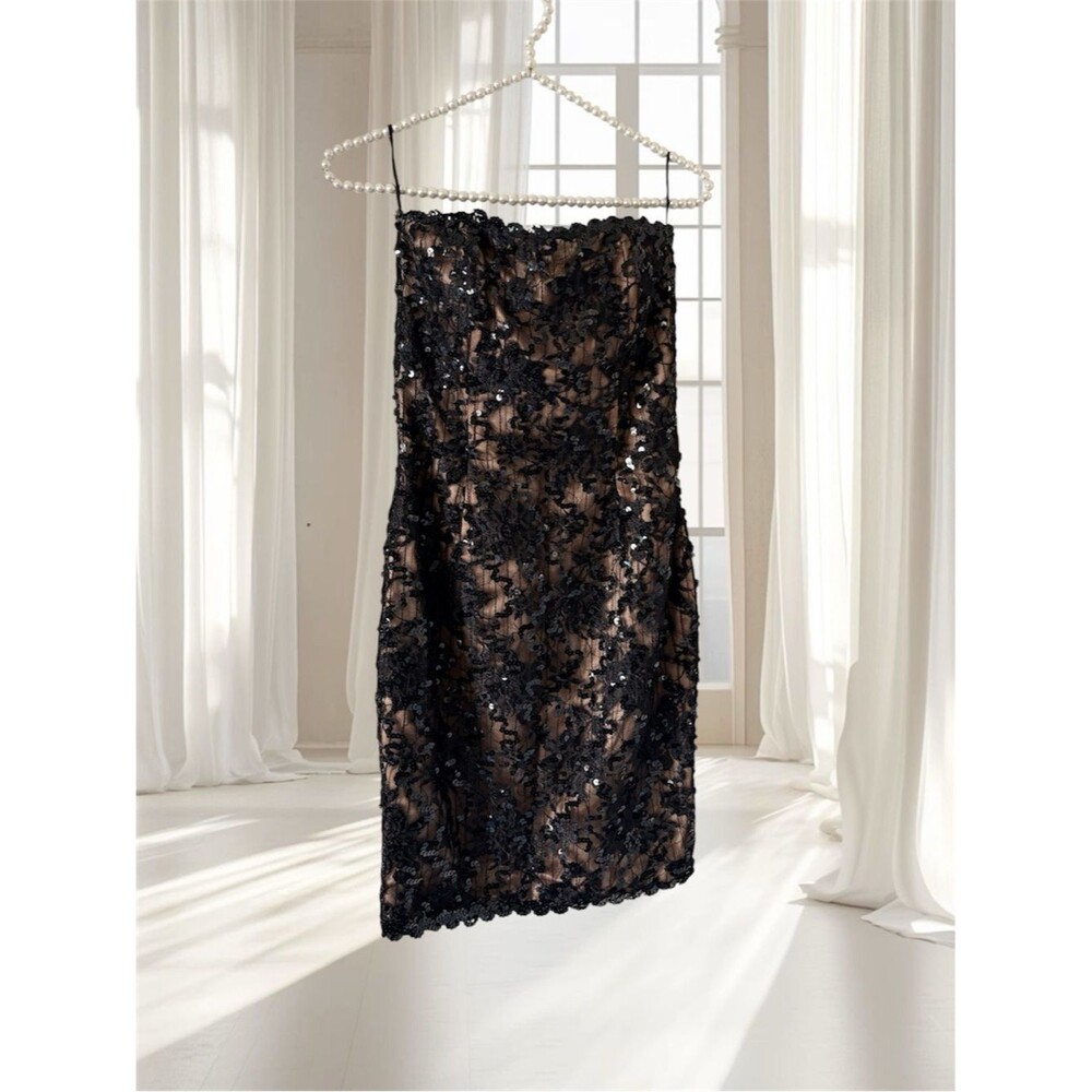 VTG Jessica McClintock Black Sequin Strapless Dress Size 4